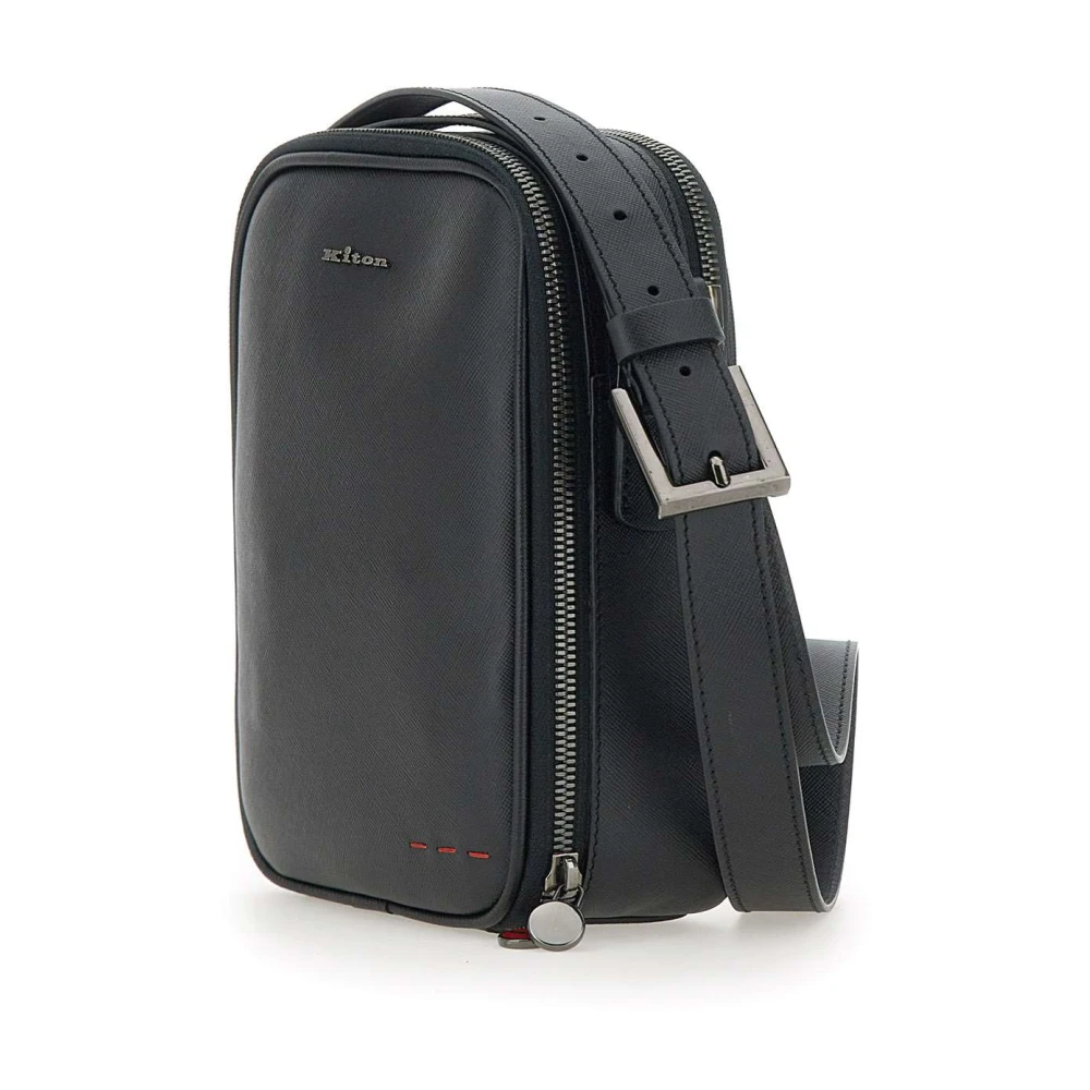 Kiton Zwarte Leren Schoudertas met Rits Black Heren