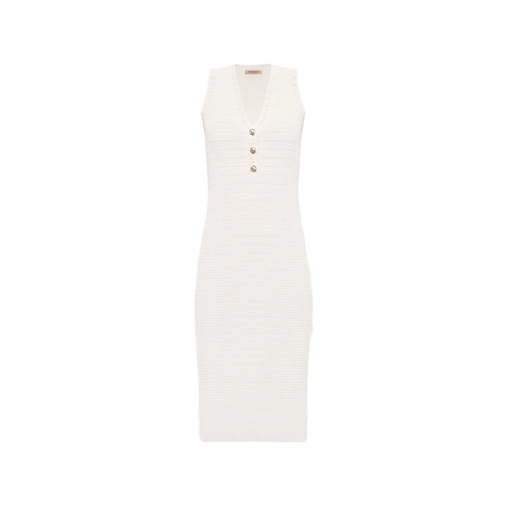 Twinset Women's Beige Knitted Dresses, M, Crochet V-Neck Sleeveless Dress