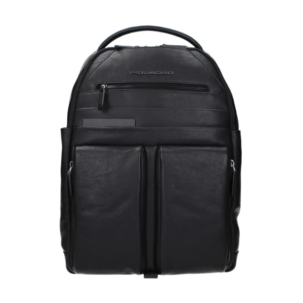 Piquadro Men's Black Leather Backpack With Multiple Compartts