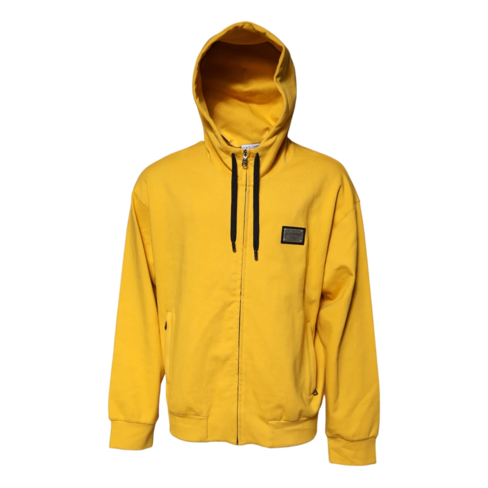 Dolce & Gabbana Men's Yellow Logo Plaque Hooded Jumper With Full Zip 2XL