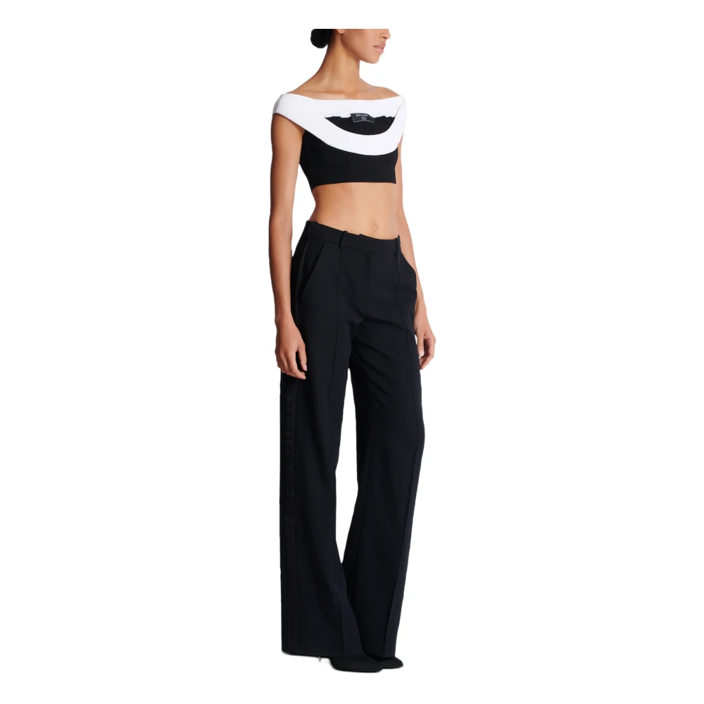 Balmain Tweekleurige gebreide cropped top met dubbele halslijn White Dames