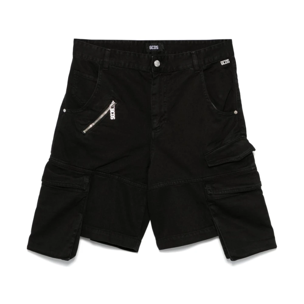 Gcds Zwarte Katoenen Shorts Rits Voor Logo Black Heren