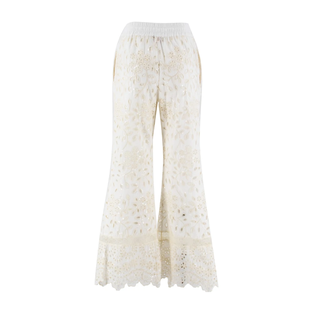 Ermanno Scervino Katoenen Kant Detail Wijde Pijp Broek Beige Dames