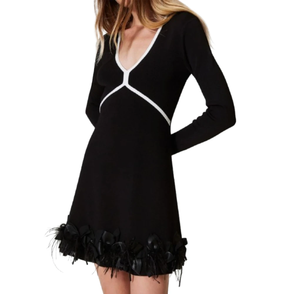 Twinset Zwarte Veer V-Hals Jurk Black Dames