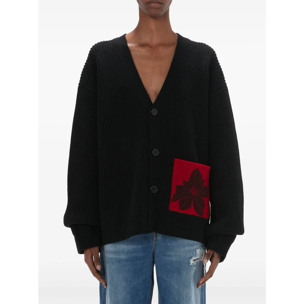 JW Anderson Zwarte Bloemen V-Hals Trui Black Dames