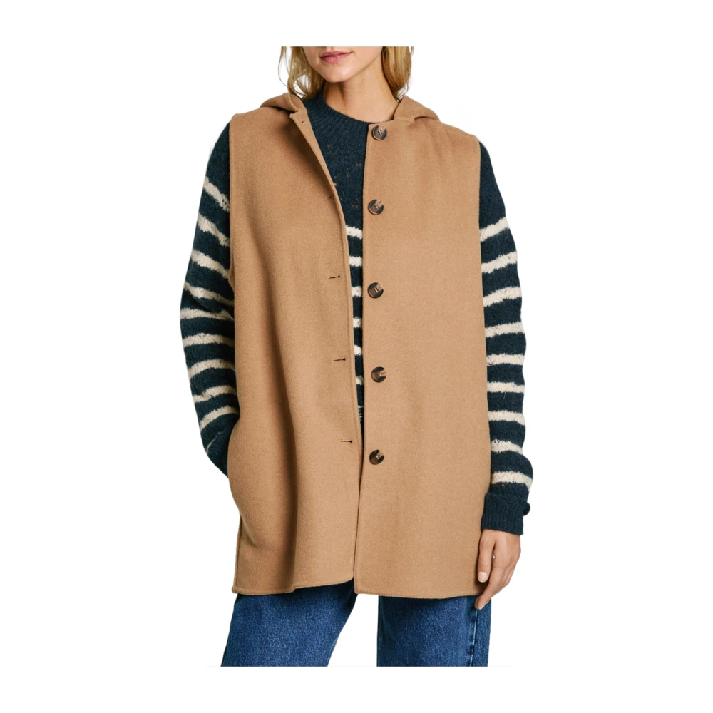 Pepe Jeans Bruine Wollen Mouwloze Hoodie Jas Brown Dames