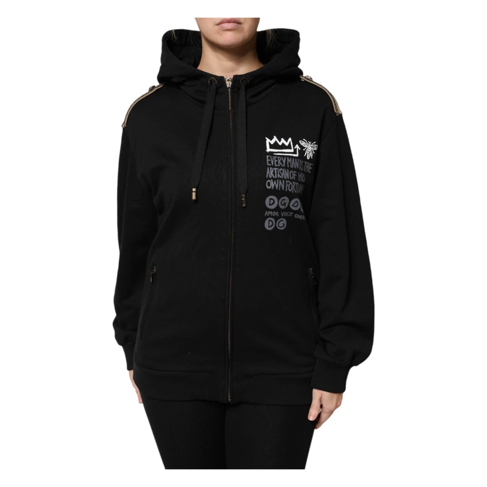 Dolce & Gabbana Women's Black Zip-Throughs, Xs, Logo Hooded Zip Sweatshirt Jacket