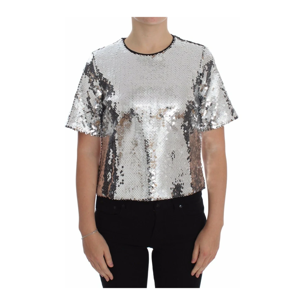 Dolce & Gabbana Silver Paljetter Crewneck Blus T-shirt Gray, Dam