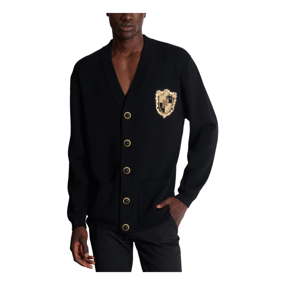 Balmain Gebreid vest met geborduurd embleem Black Heren