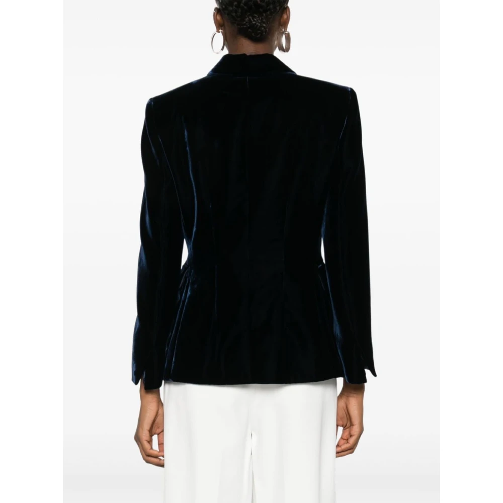 Giorgio Armani Blauw Fluweel Jas Kristal Knoop Voorkant Blue Dames