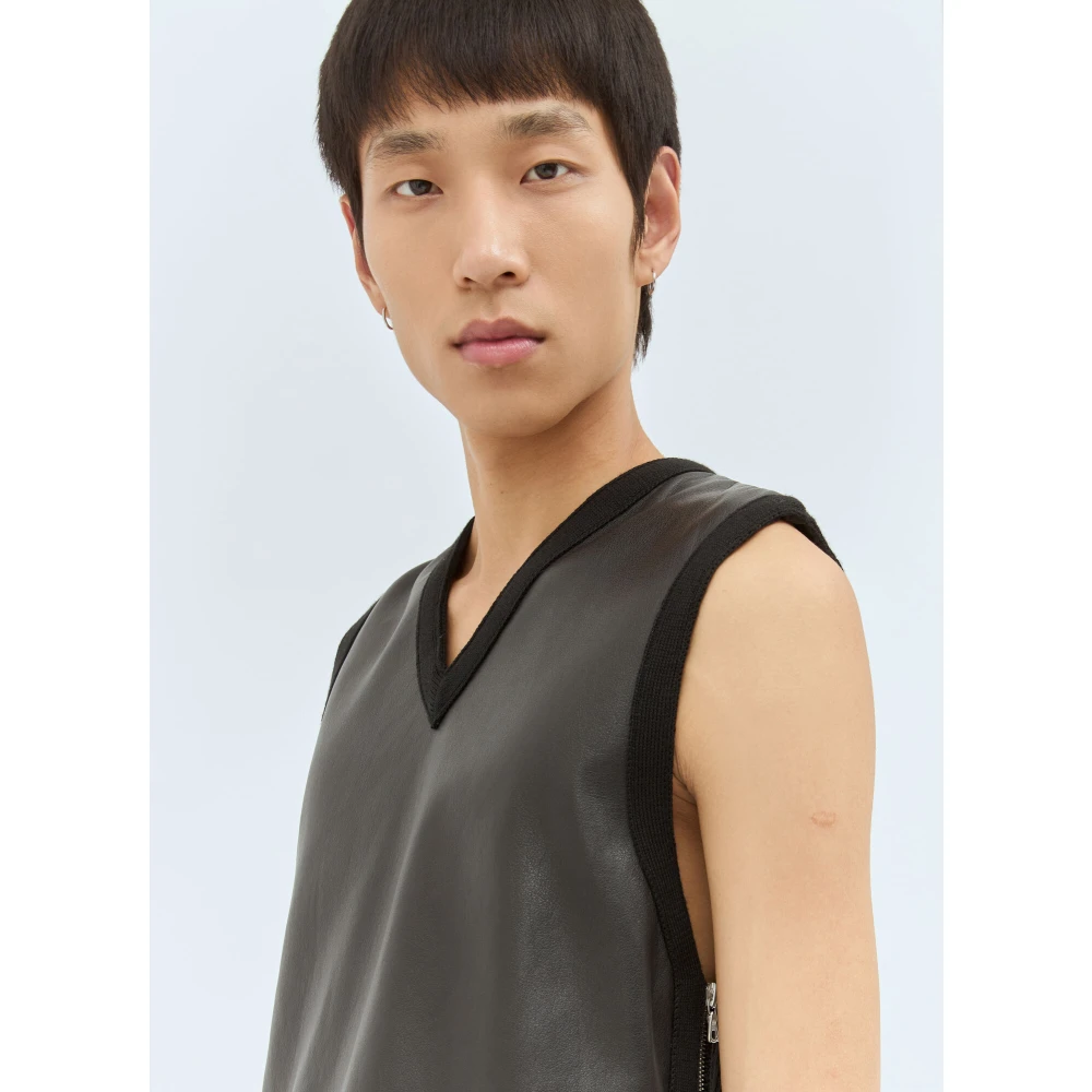 Dries Van Noten V-hals Leren Gebreid Vest Rits Black Heren