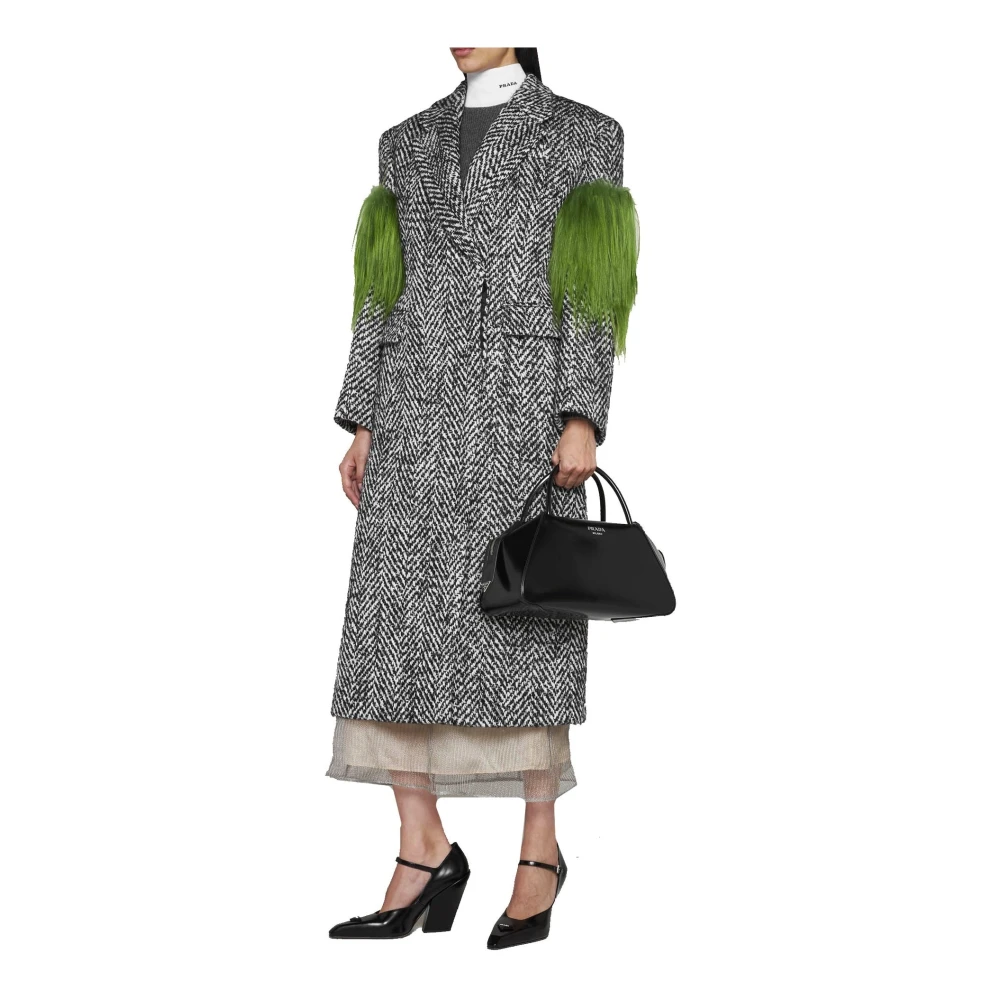 Prada Visgraat Wollen Jas met Nepbont Afwerking Gray Dames