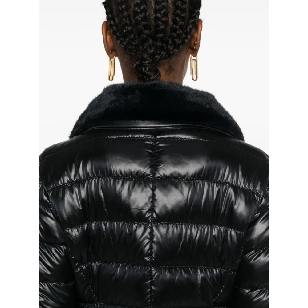 Herno Lange gewatteerde jas met nepbont kraag Black Dames