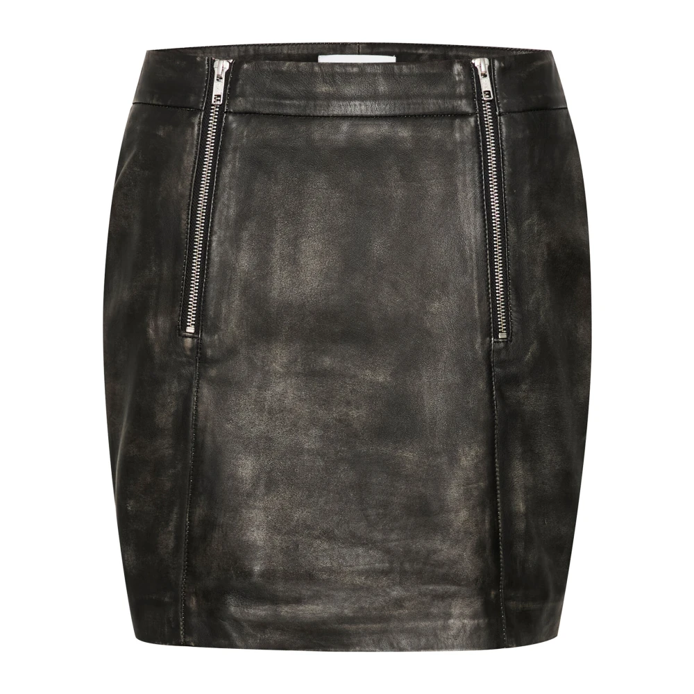 Karen by Simonsen Leren Rok met Ritsdetails Black Dames