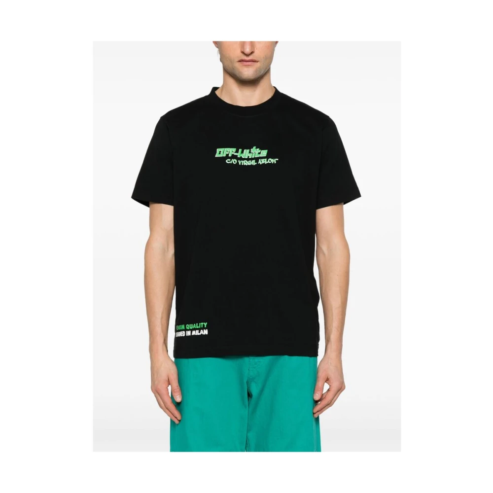 Off White Zwart Logo Print Crew Neck T-shirt Black Heren