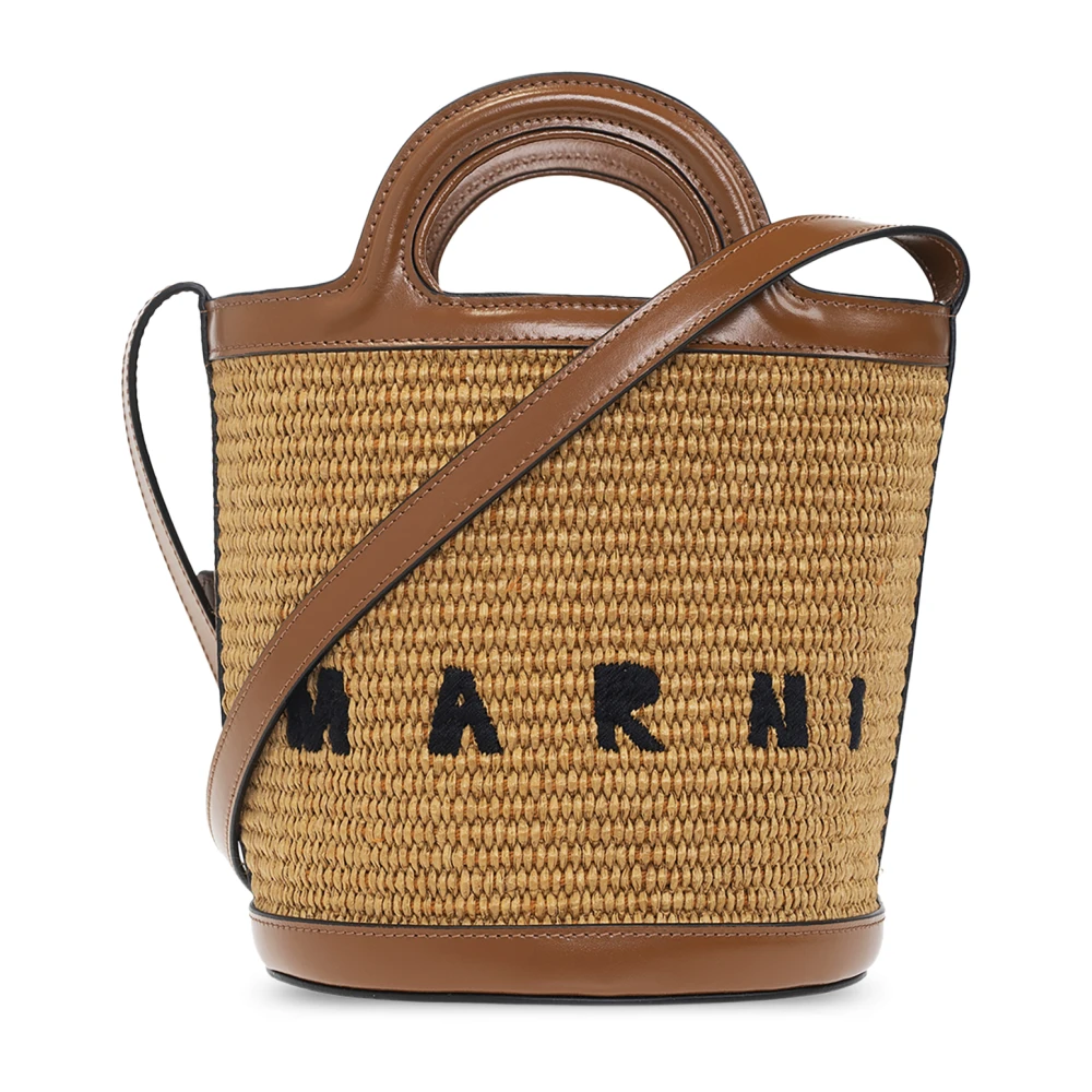 Marni Donna Marrone Tropicalia Bag A Secchiello Piccola In Pelle E Tessuto Effetto Rafia - Immagine 5