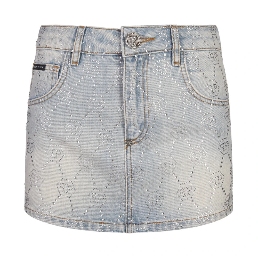 Philipp Plein Blauwe Rhinestone Mini Denim Rok Blue Dames