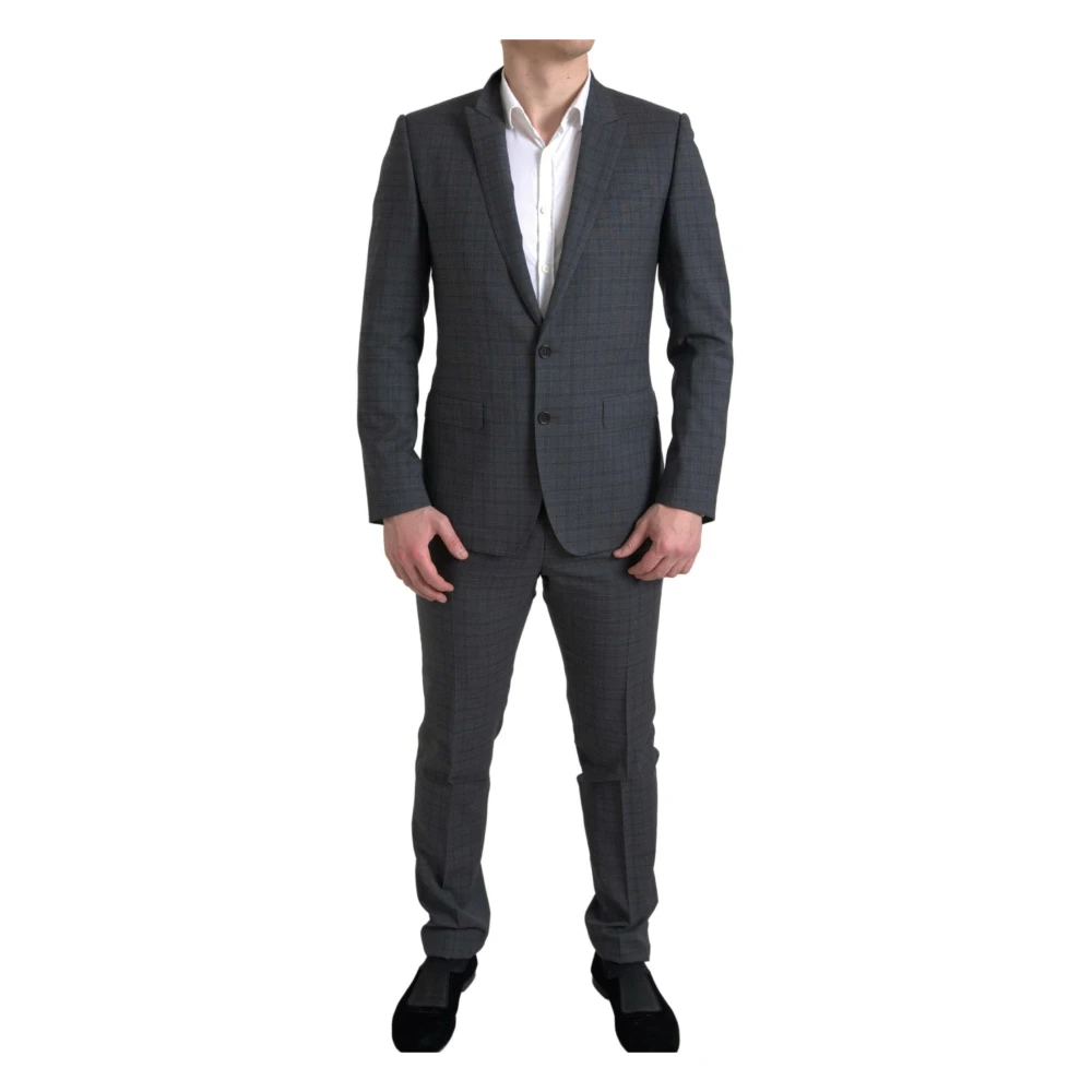 Dolce & Gabbana Elegant Grijs Geruit Slim Fit Pak Gray Heren