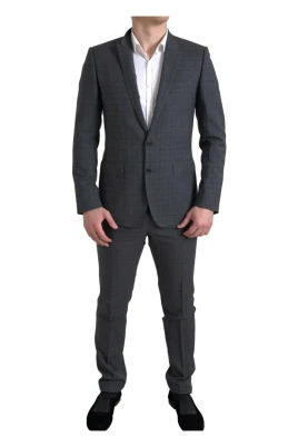 Elegant Grå Rutig Slim Fit Kostym
