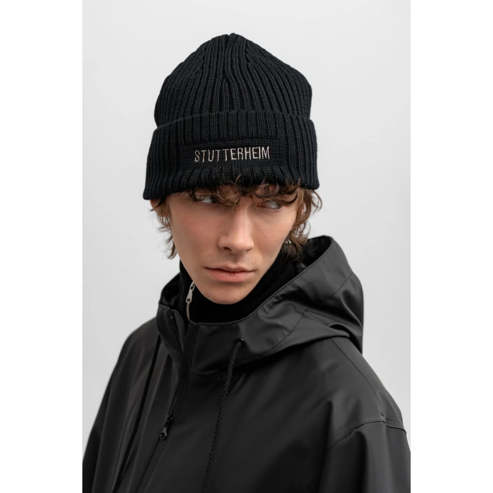 Stutterheim Merino Wol Logo Beanie Muts Black Heren