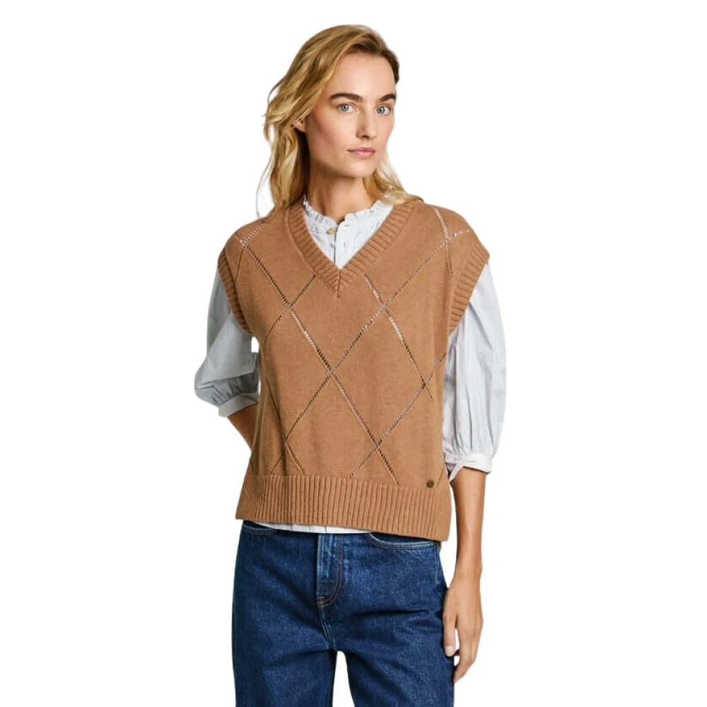 Pepe Jeans Gebreid Vest Boxy Fit V-Hals Brown Dames