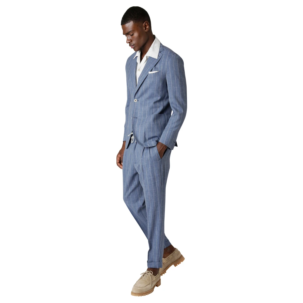 Eleventy Slim Fit Wol Zijde Linnen Pak Blue Heren
