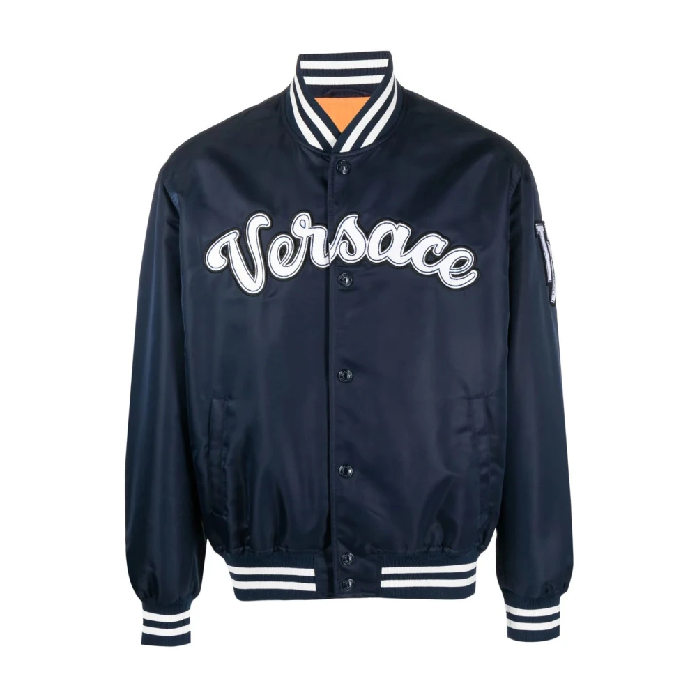 Versace Men's Blue Navy Logo Patch Bomber Jacket
