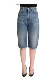 Blue Washed Cotton High Waist Denim Cropped Jeans