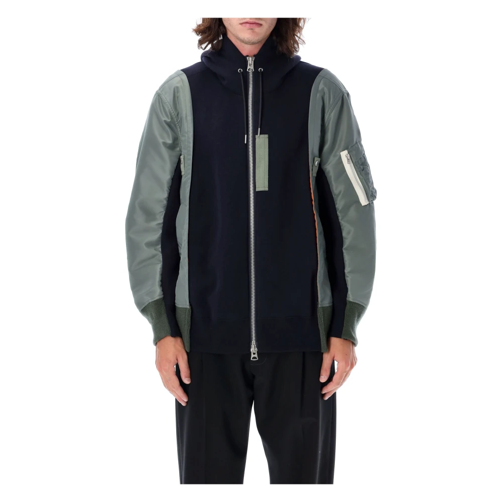 Sacai Navy Khaki Stickat Bomber Hoodie Dragkedja Blue, Herr