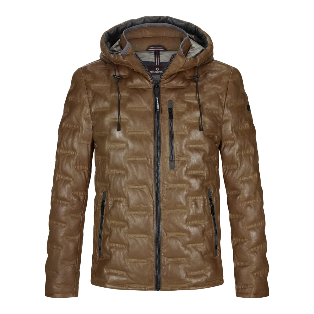 Milestone Uomo Marrone Giacca In Pelle Trapuntata Con Cappuccio Staccabile