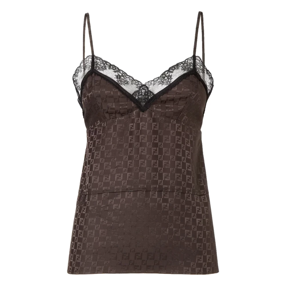 Fendi Women's Brown Jacquard Silk Sleeveless Lace Top