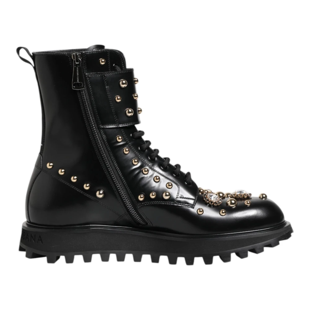 Dolce & Gabbana Women's Black Studded Lace Up Mid Calf Boots