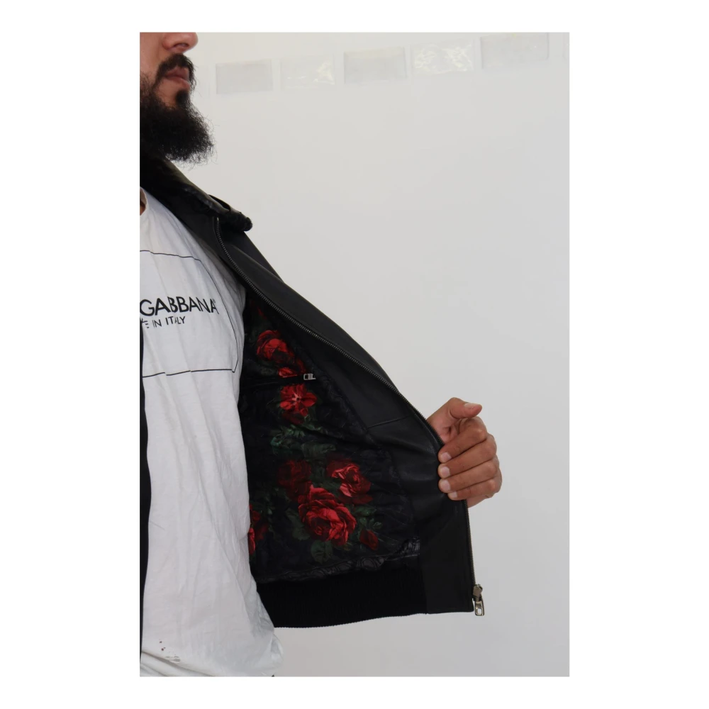 Dolce & Gabbana Zwarte leren bomberjack met shearling kraag Black Heren