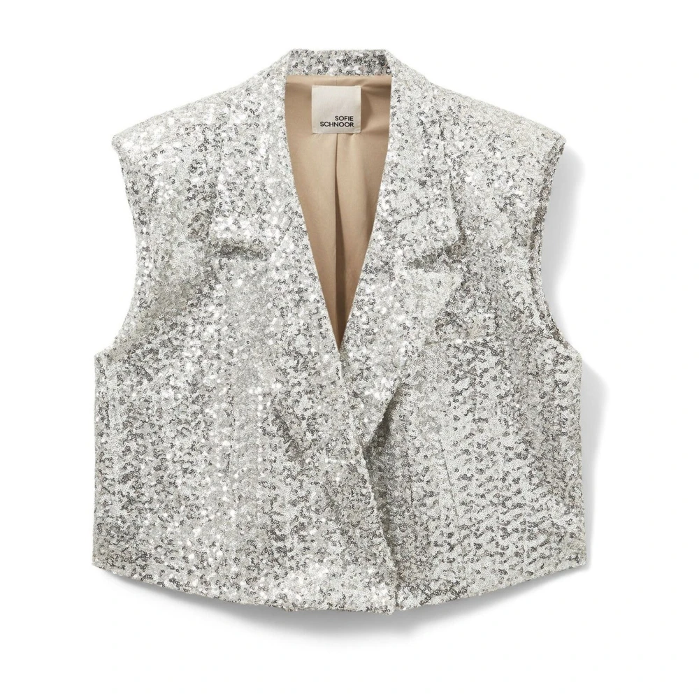 Sofie Schnoor Women's Gray Waistcoats, L, Sequin V-Neck Vest Silver