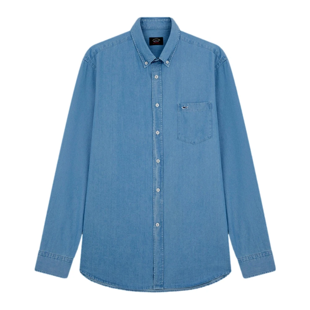 Paul & Shark Blue Casual Shirts, Male, L, Denim Cotton Button Down Shirt