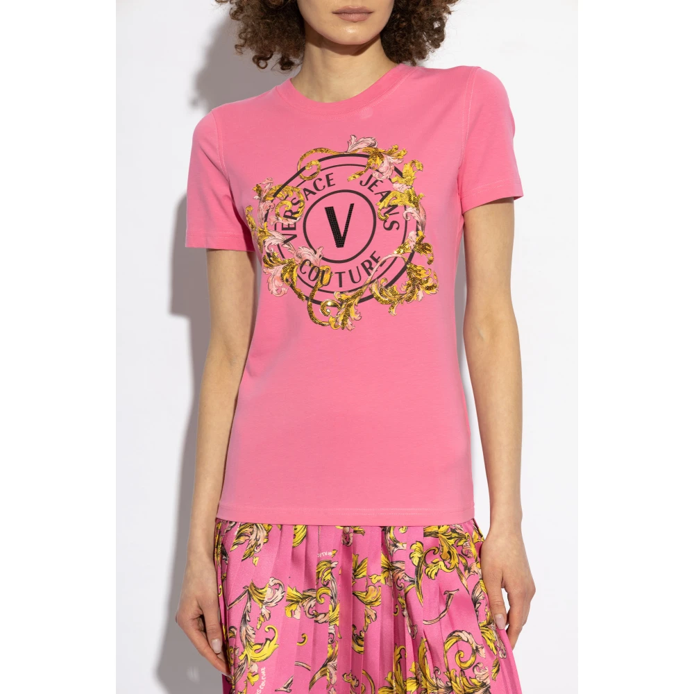 Versace Jeans Couture T-shirt met print en glinsterende applicaties Pink Dames