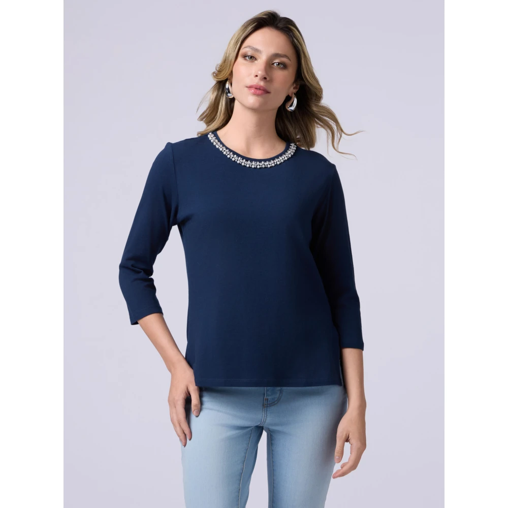 Oltre T-shirt met lange mouwen en decoratieve borduurwerk Blue Dames