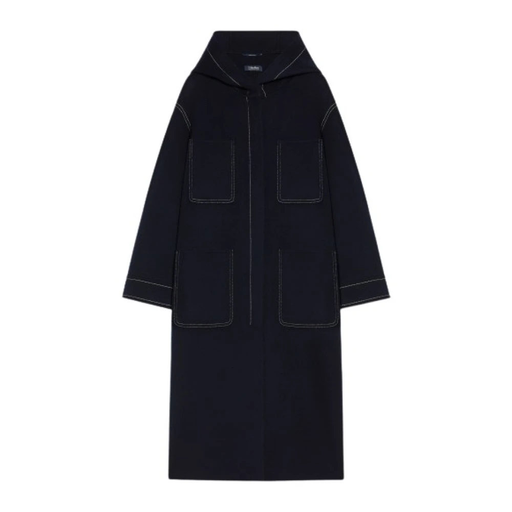 Max Mara Luxe Wol Hooded Midi Jas Blue Dames