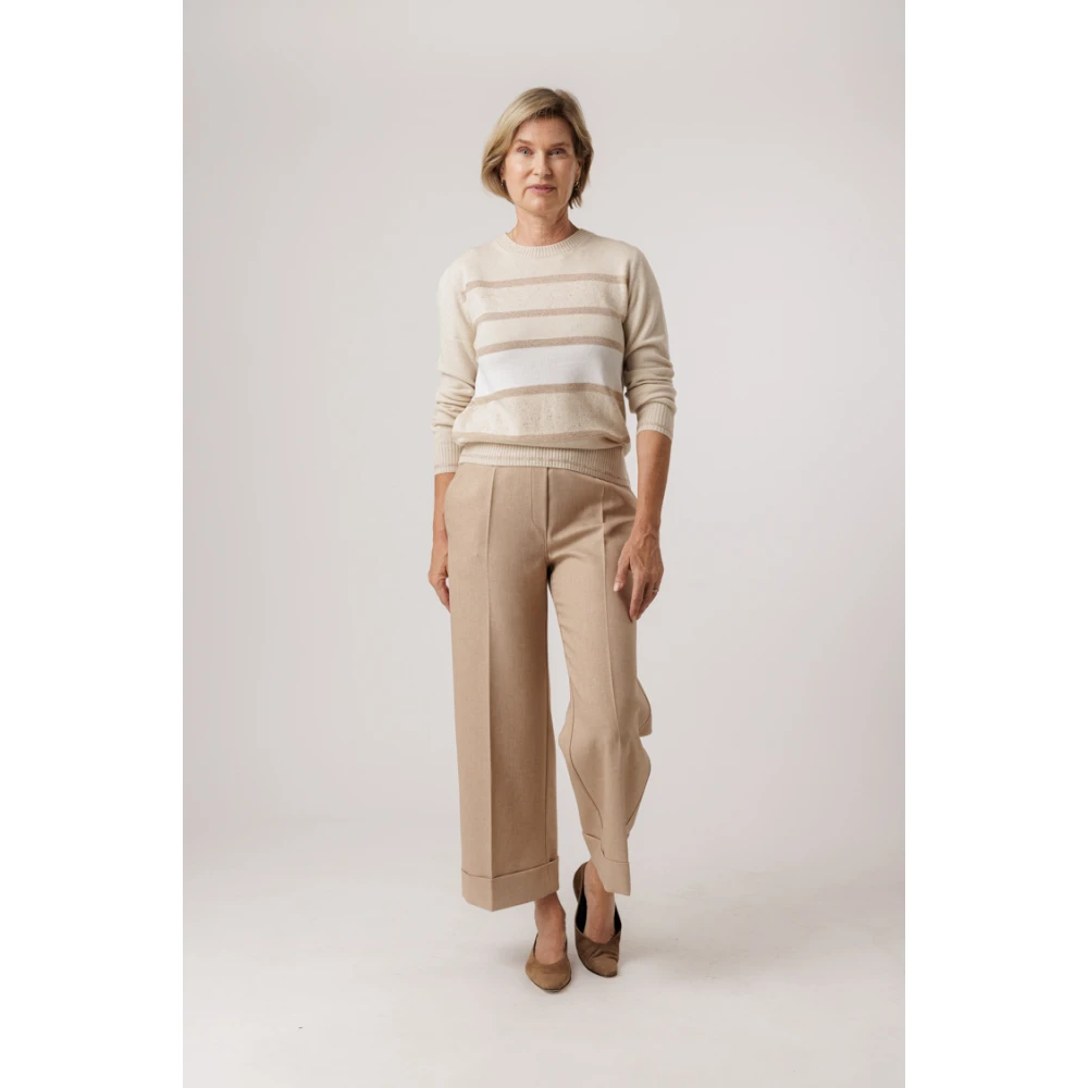 D.Exterior Gestreepte Gebreide Trui met Lurex Detail Beige Dames