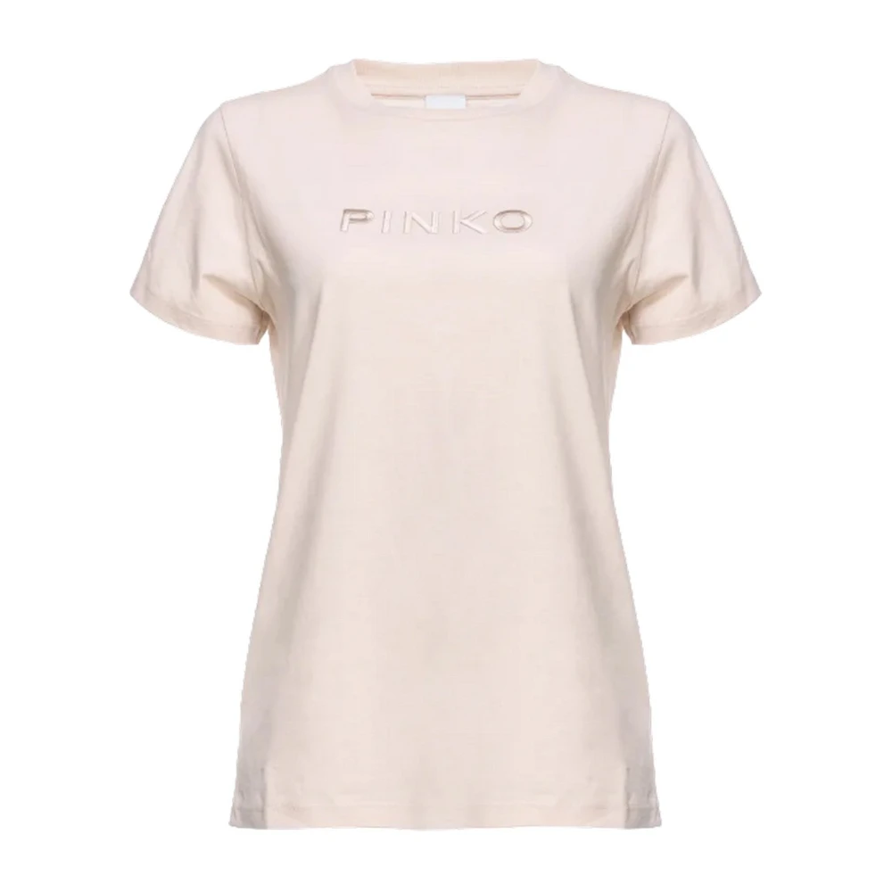 Pinko Beige Logo Geborduurd Slim Fit T-shirt Beige Dames