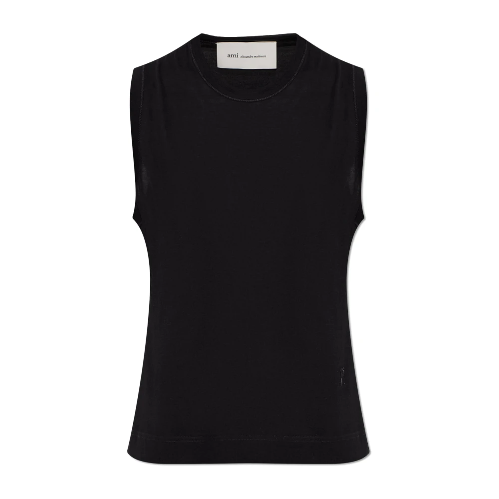 Ami Paris Women's Black Top With Embroidered Logo - Sleeveless Tops - S - Tops