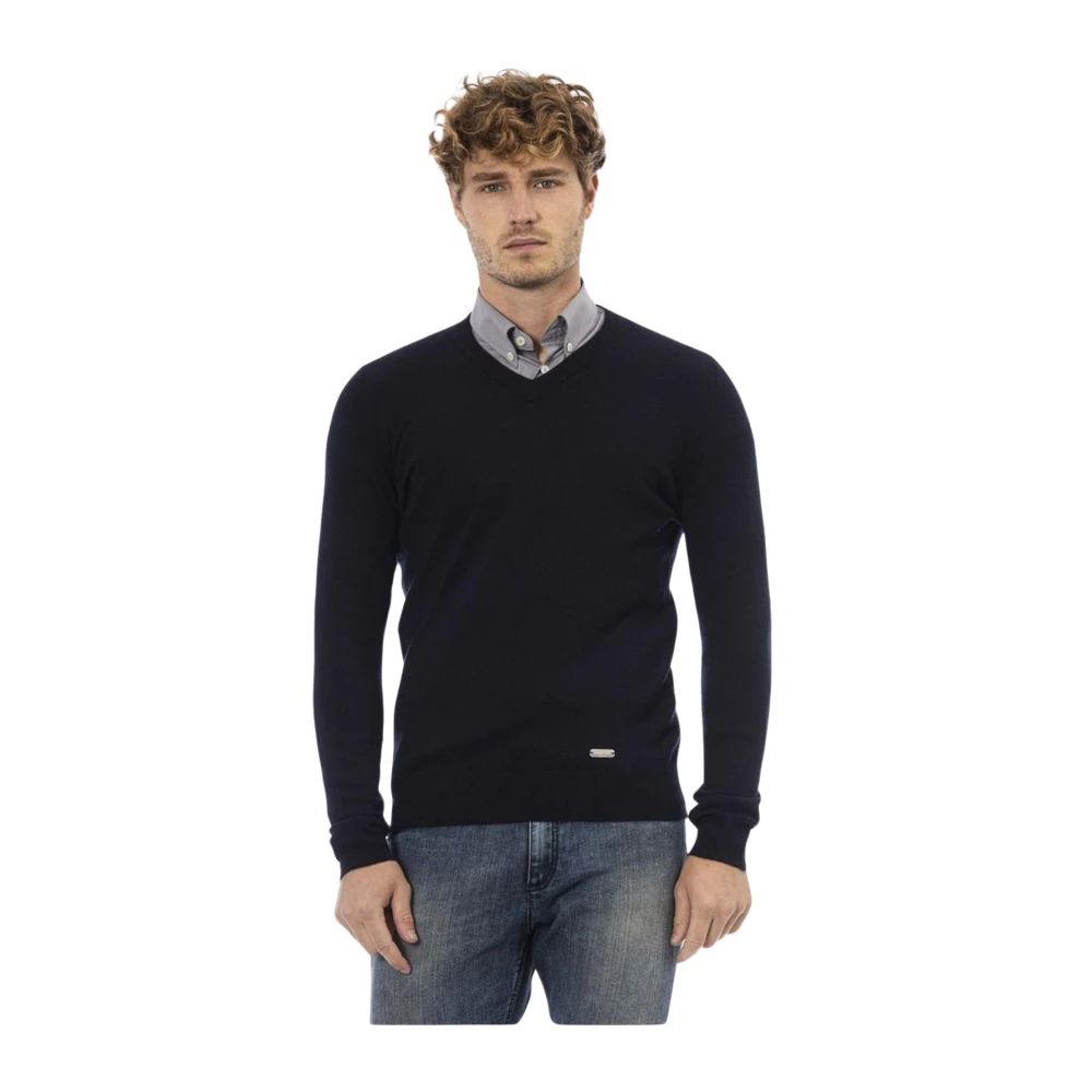Baldinini Blauwe wollen trui met V-hals Blue Heren