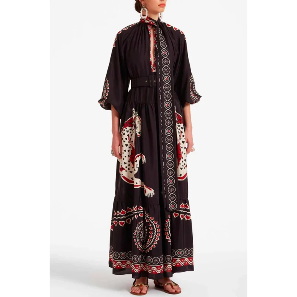 La DoubleJ Zwarte Jurk met Handgemaakt Patroon Multicolor Dames