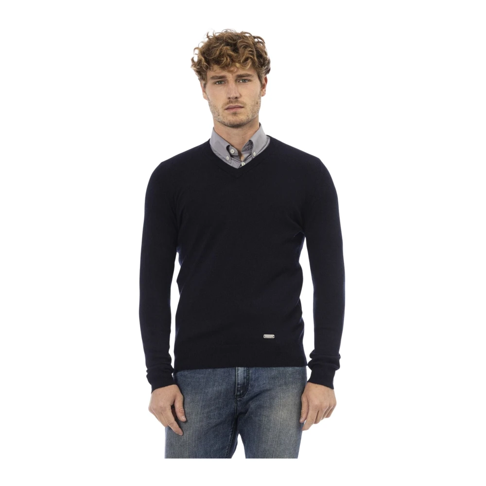 Baldinini Blauwe wollen trui met V-hals Blue Heren