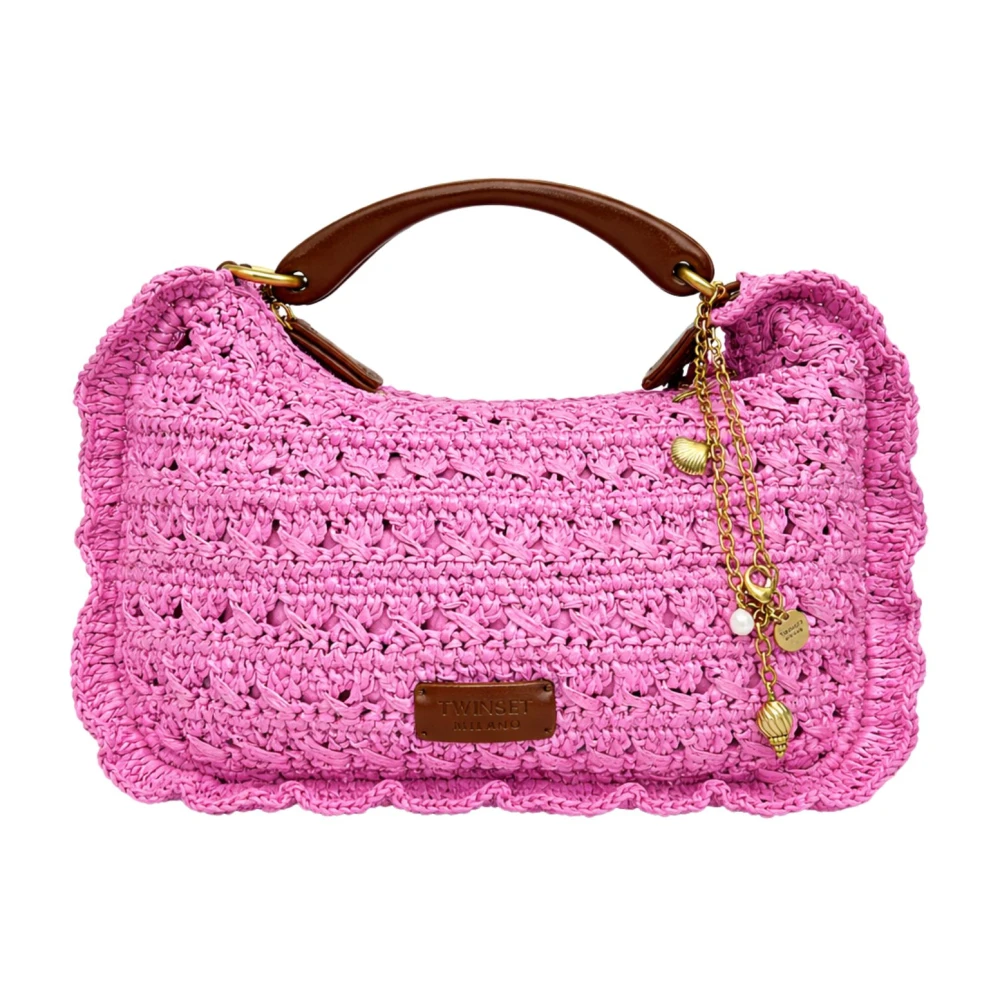 Twinset Women's Pink Crochet Woven Paper Bag
