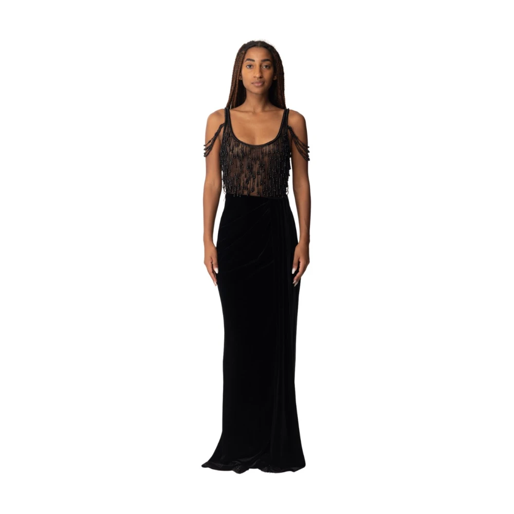 Elisabetta Franchi Rode Loper Tule Jurk met Draperende Fluwelen Rok Black Dames