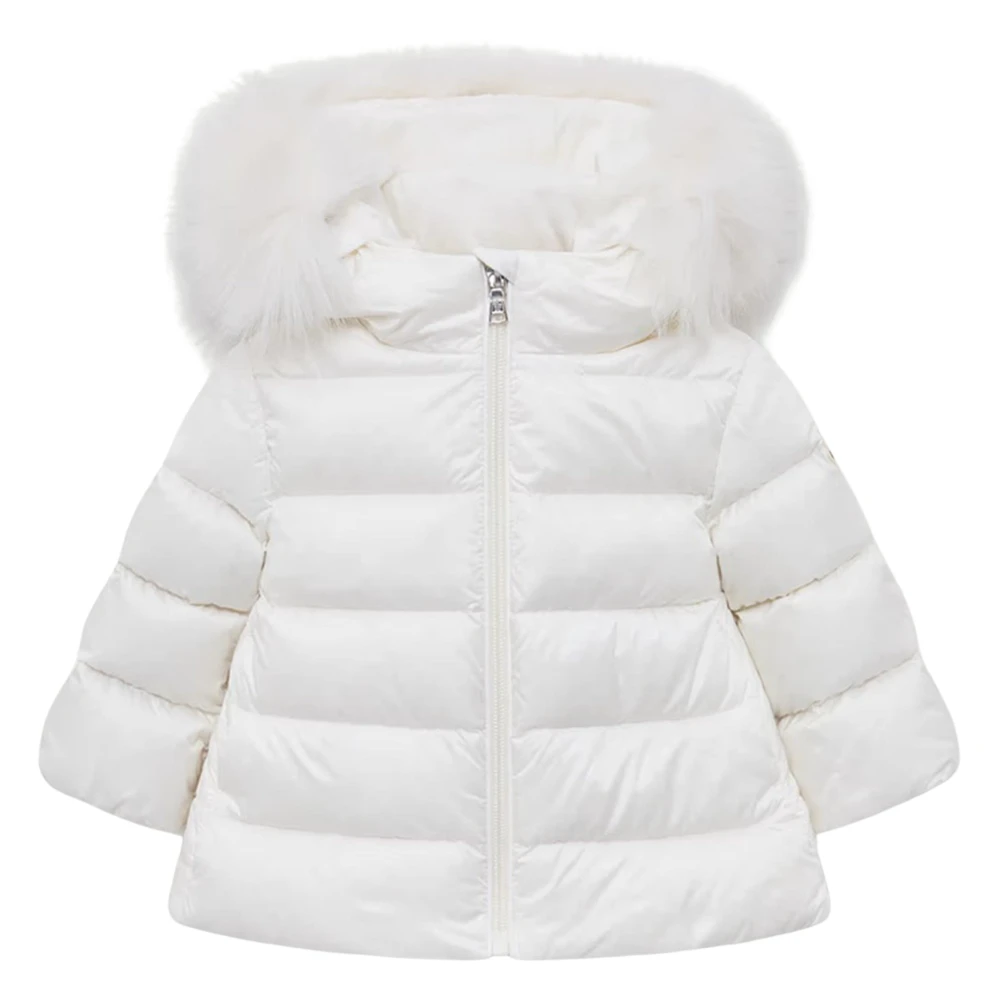 Moncler Girls White Ivory Puffer Jacket With Faux Fur - Winter Jackets - 12 M - Kids