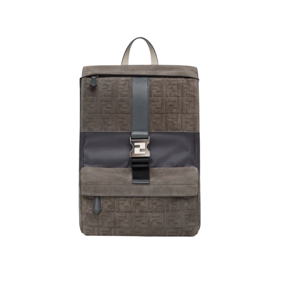 Fendi Men's Gray Medium Suede Backpack With Ff Relief Pattern - Backpacks - One Size - Bags
