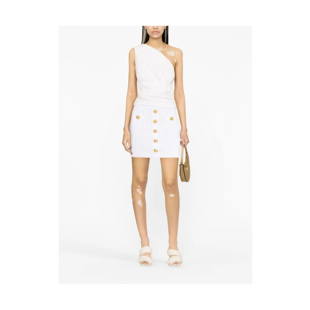 Balmain Witte Geribbelde Gebreide Rok met Goudkleurige Knopen White Dames