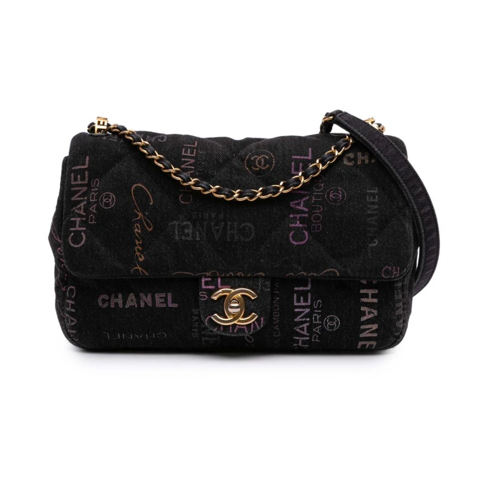 Chanel Vintage Damen Schwarz Gebrauchte Bedruckte Schultertasche